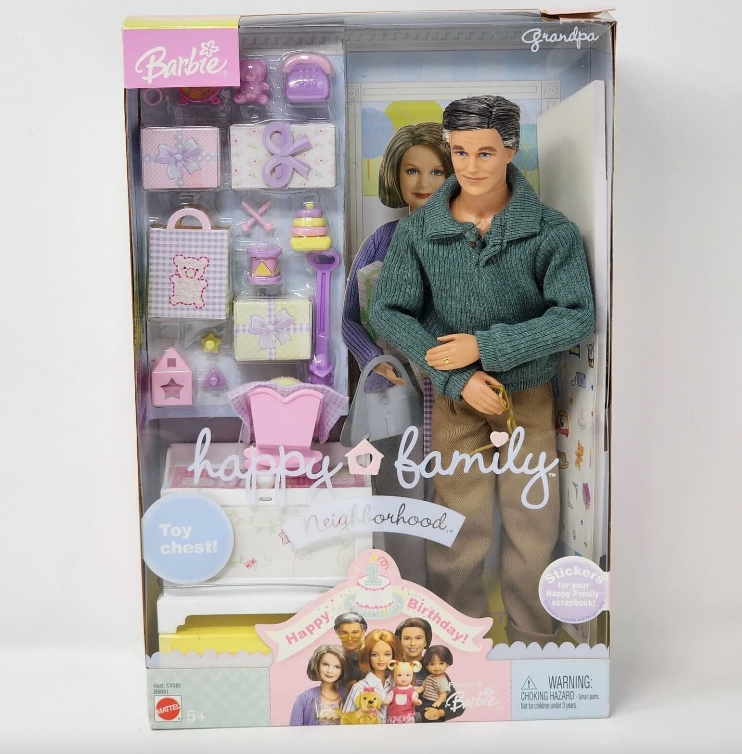 weird babrbies - Barbie D A happy family Toy chest! neighborhood Asst. C4381 89881 Mattel 5 Happy Birthday! Grandpa Stickers for your Happy Family scrapbook! Fo Barbie A Warning Choking HazardSmall parts Not for children under 3 years